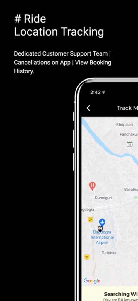 Wizzride - Wizzride app screenshot showing real-time ride location tracking on a map near Bagdogra International Airport