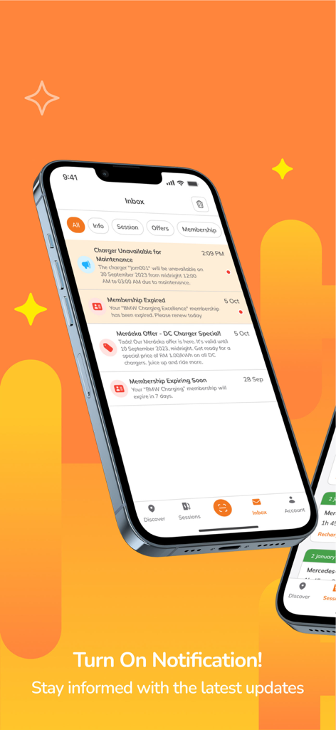 JomCharge - A mobile phone displaying the JomCharge app inbox screen showing maintenance alerts and membership updates.
