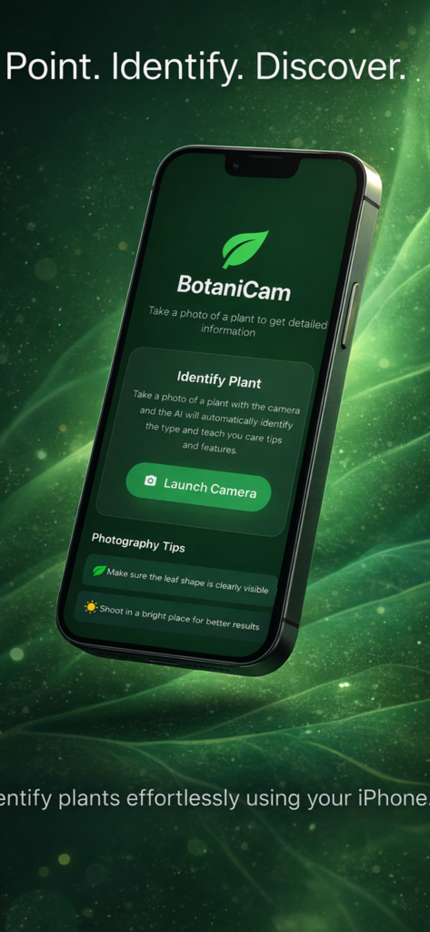 BotaniCam: AI Plant Identifier - Pantalla de inicio de la aplicación BotaniCam en un iPhone que muestra funciones de identificación de plantas