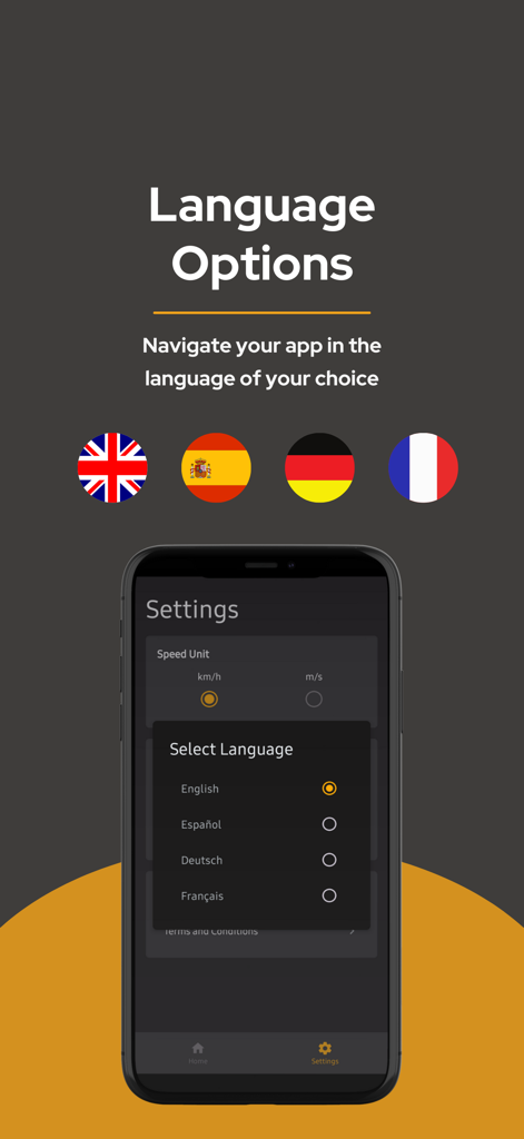 Pantalla de configuración de idioma de la aplicación Speedify que muestra opciones multilingües, incluyendo inglés, español, alemán y francés