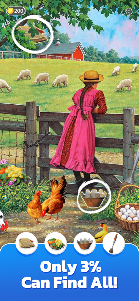 Find N Seek: Spy Hidden Object - Un jeu de puzzle d'objets cachés présentant une scène de ferme sereine avec des moutons et une fille en robe rose.