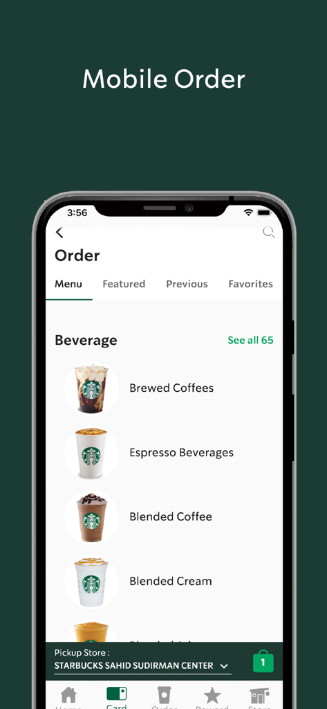 Pantalla de pedido móvil de la aplicación Starbucks Indonesia que muestra las categorías del menú de bebidas, como cafés preparados y bebidas espresso