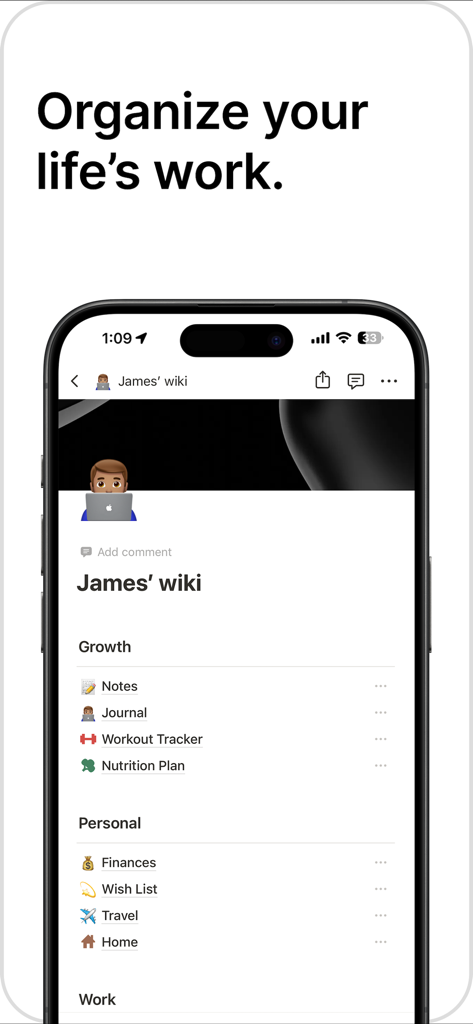 Uno screenshot dell'app Notion su un iPhone che mostra una wiki personale per organizzare attività di crescita e note personali