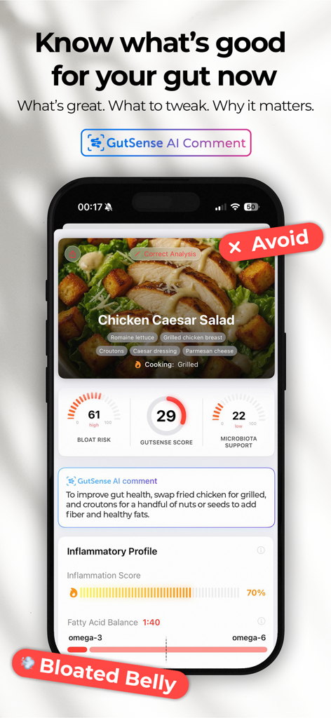 GutSense - Gut Health Coach - GutSense mobile app interface showing AI food analysis with gut health metrics like bloat risk and inflammation score