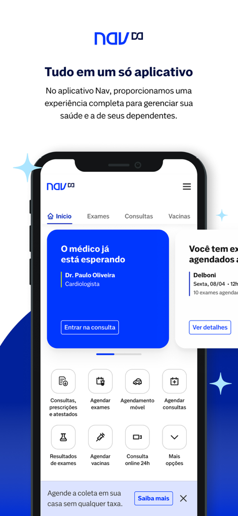 Panel de la aplicación móvil Nav Dasa que muestra opciones de telemedicina y programación de exámenes médicos