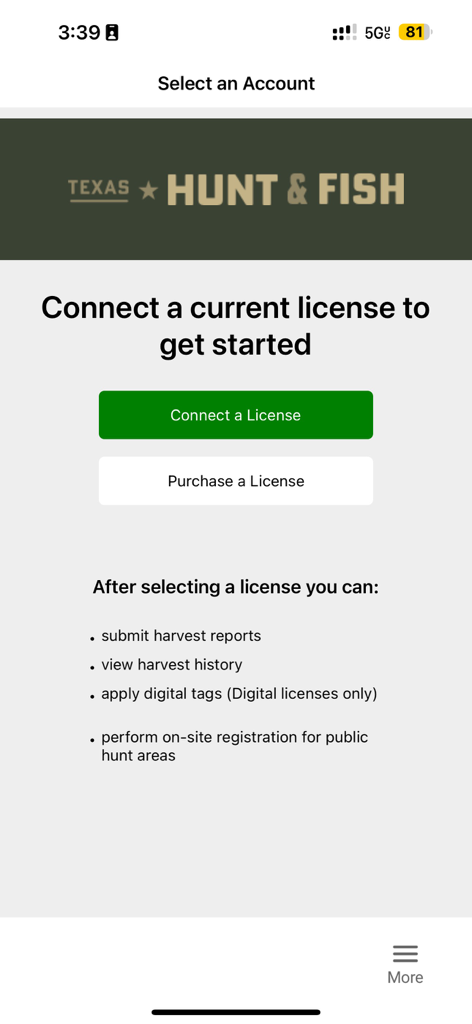 Texas Hunt and Fish app startup screen with buttons to connect or purchase a hunting and fishing license