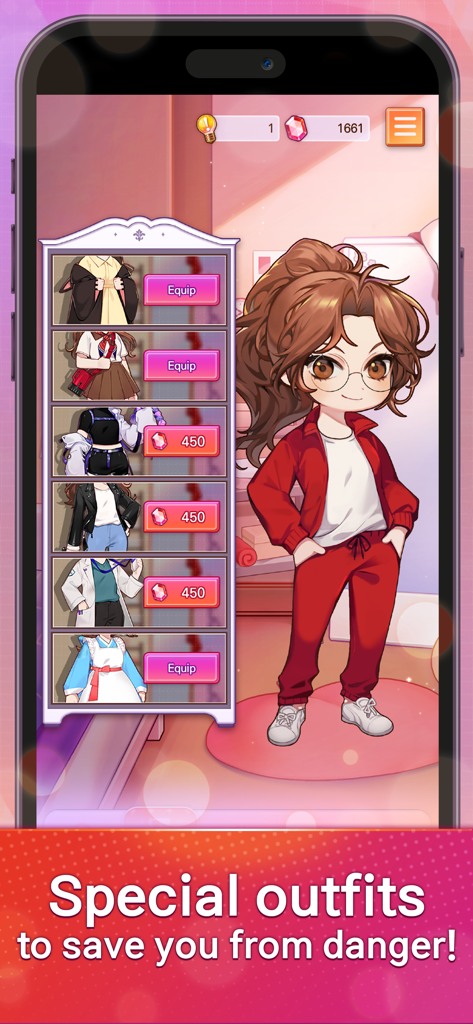 Darling Pet : Choose your love - Character customization screen in Darling Pet featuring a wardrobe menu with various outfits to equip or purchase with gems