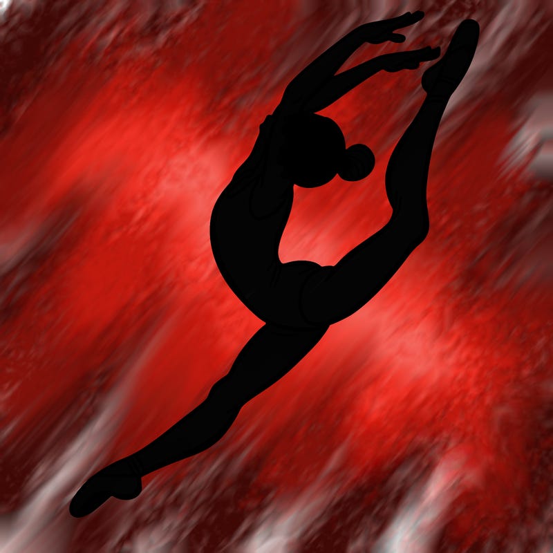 gymnast doing a leap in a leotard with a bent back leg