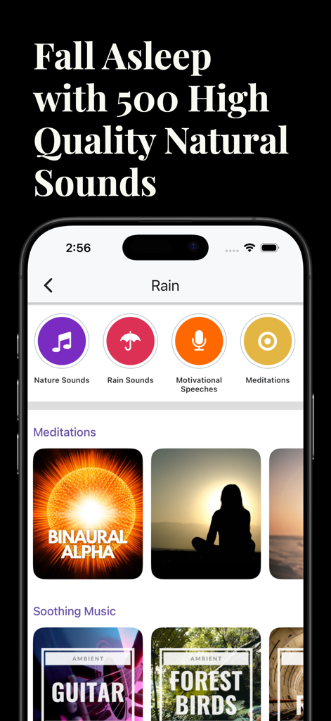 Motivational Quotes Daily app interface showing sleep sounds and meditation categories