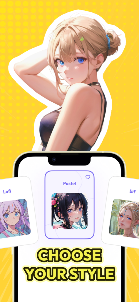 Une interface de smartphone affichant trois styles de filtre d'anime différents étiquetés Lofi, Pastel et Elfe avec un appel à l'action pour choisir votre style.