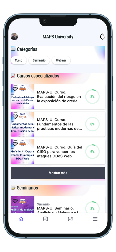 Dashboard of MAPS-U app showing specialized courses in cybersecurity and hybrid cloud with progress trackers