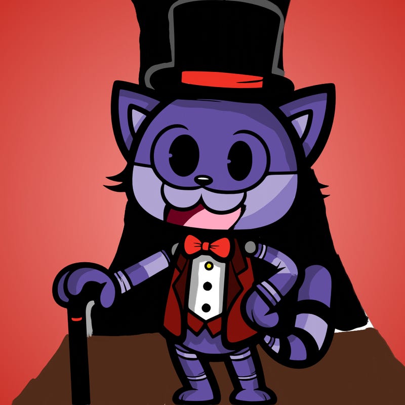 a cat animatronic with a cane wearing a top hat