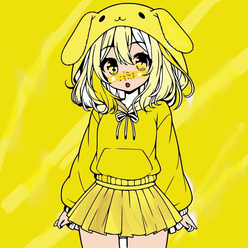 pretty anime girl wearing a fluffy hoodie with bunny ears on the hood and a skirt