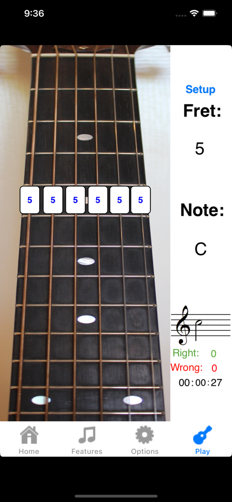 Guitar Fretboard Addict - Ein Screenshot der Guitar Fretboard Addict App, der eine Übung zur Identifizierung von Griffbrettnoten für die Note C am fünften Bund zeigt.