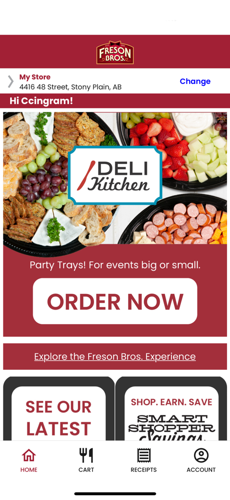 Freson Bros. - Freson Bros. mobile app home screen showing Deli Kitchen party trays and order now button