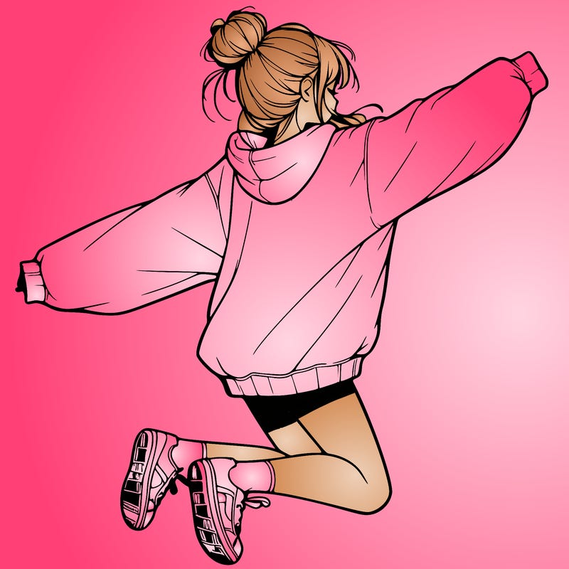 realistic girl jumping with a bun and oversized sweatshirt