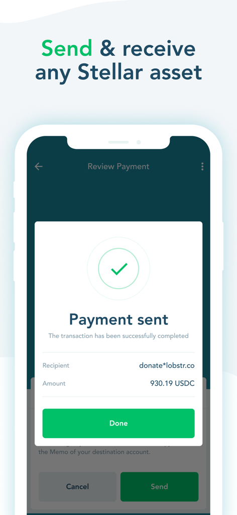 LOBSTR Wallet: Buy Stellar XLM - Ein mobiler Bildschirm der LOBSTR Wallet App, der eine erfolgreiche Zahlungsbestätigung von USDC mit einem grünen Häkchen zeigt.