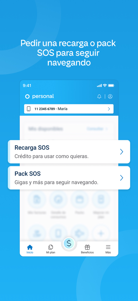 Mi Personal - Interface de l'application Mi Personal pour les recharges SOS et les forfaits de données