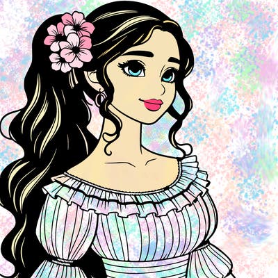 a single latina woman with a side ponytail and a long dress with ruffles. she has a few discreet flowers in her hair. realistic
