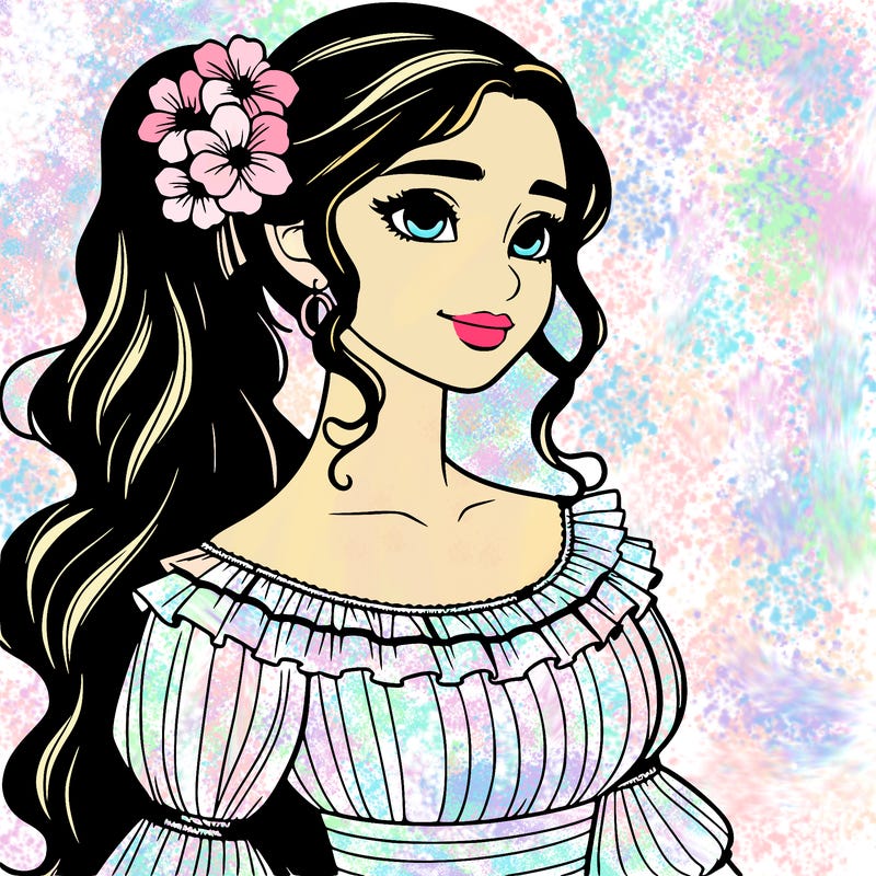 a single latina woman with a side ponytail and a long dress with ruffles. she has a few discreet flowers in her hair. realistic