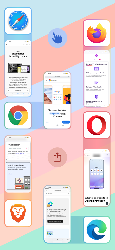 Collage of popular mobile browsers like Safari Chrome Firefox and Brave illustrating browser selection options