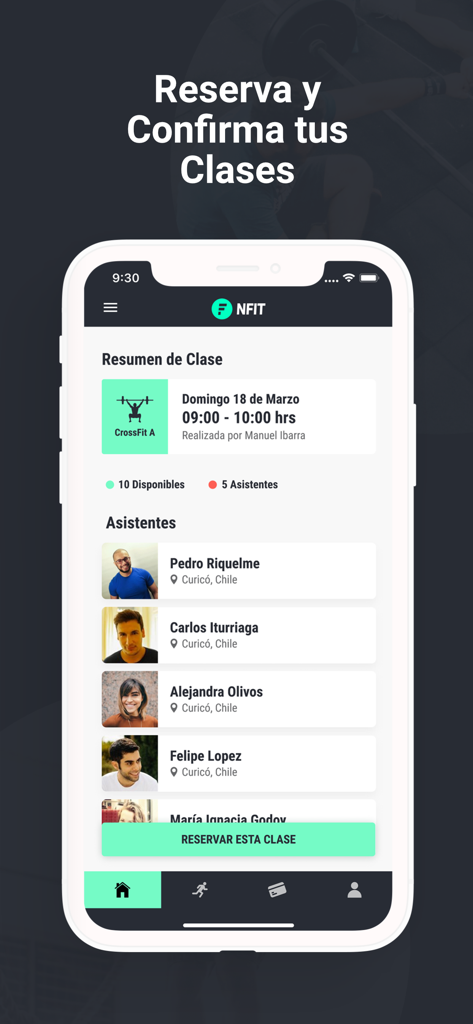 NFIT - NFIT app interface showing gym class details and reservation button