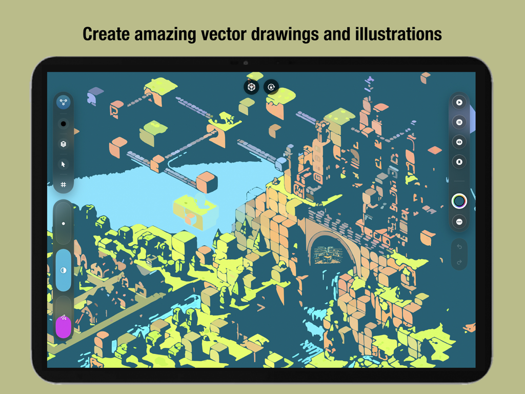 Una interfaz de dibujo vectorial profesional de la aplicación VOID en un iPad que muestra una compleja ilustración isométrica.