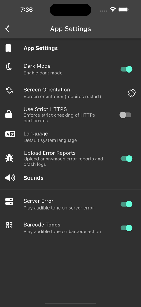 Einstellungen-Menü der InvenTree-App mit Konfigurationsoptionen im Dark Mode