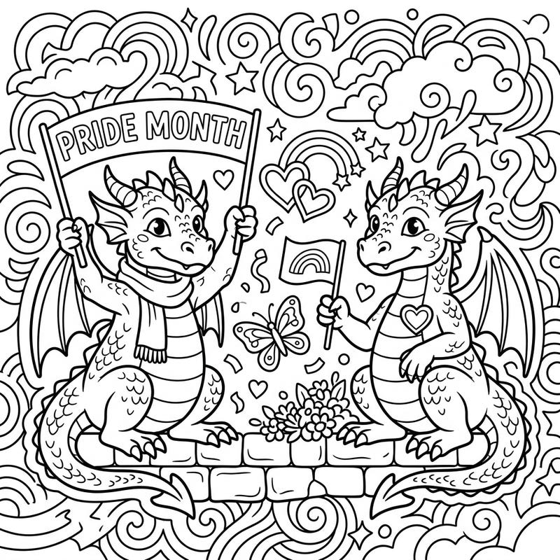 Discover a heartwarming coloring page featuring adorable dragon gargoyles proudly celebrating Pride Month. Join these mythical friends as they spread messages of love, diversity, and community with vibrant colors.