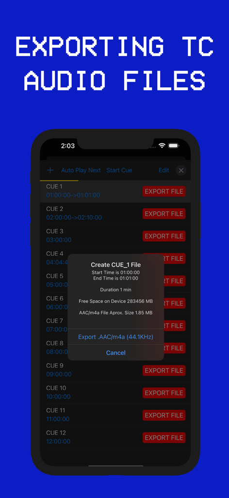 Timecode Gen - Interface of Timecode Gen app showing the process of exporting timecode audio files from a CUE playlist.