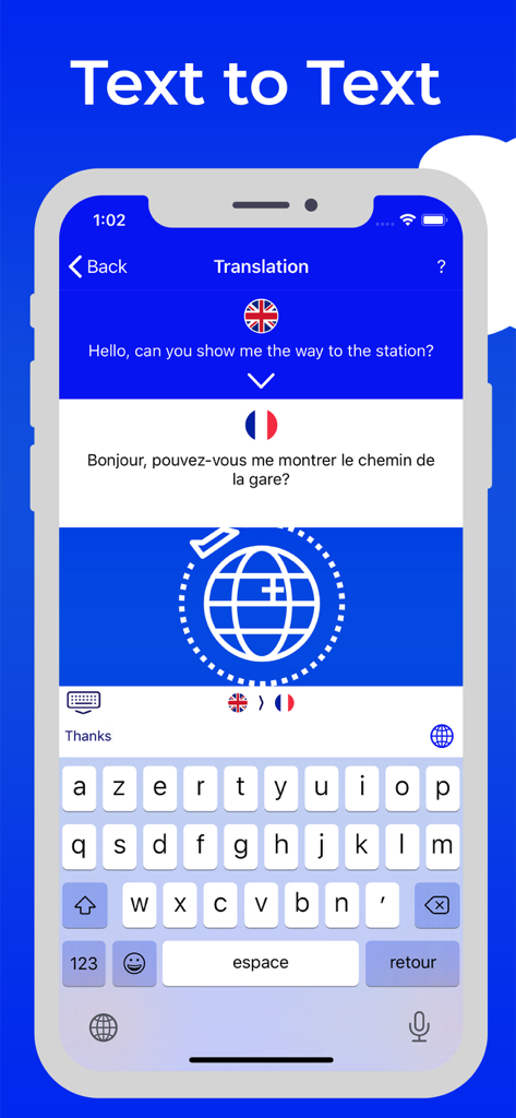 Translate and Translation - Mobile app interface showing a text to text translation from English to French
