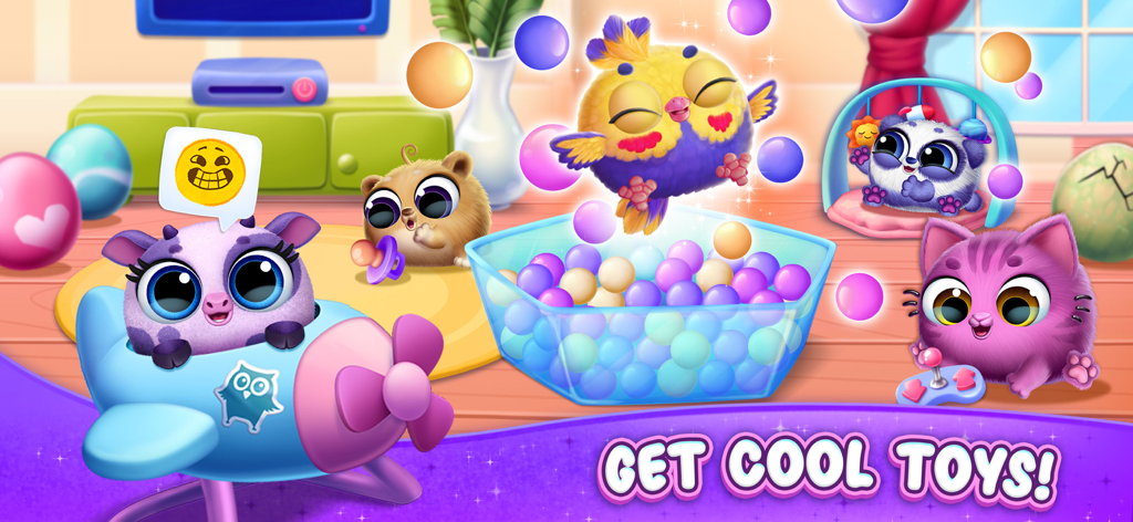 Smolsies 2 - Cute Pet Stories - Diversos y coloridos personajes Smolsies jugando con varios juguetes en un entorno de sala de juegos