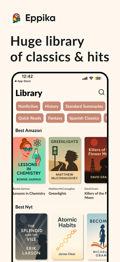 Eppika: Read & Learn Languages - Tela da biblioteca do aplicativo Eppika mostrando uma seleção de livros clássicos e best-sellers modernos para aprender espanhol através da leitura.