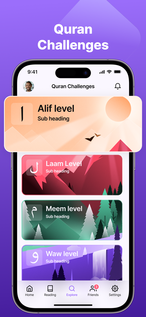 Ein mobiler App-Bildschirm, der Quran-Herausforderungen mit spielerischen Leveln zeigt, die nach arabischen Buchstaben wie Alif, Laam und Meem benannt sind.