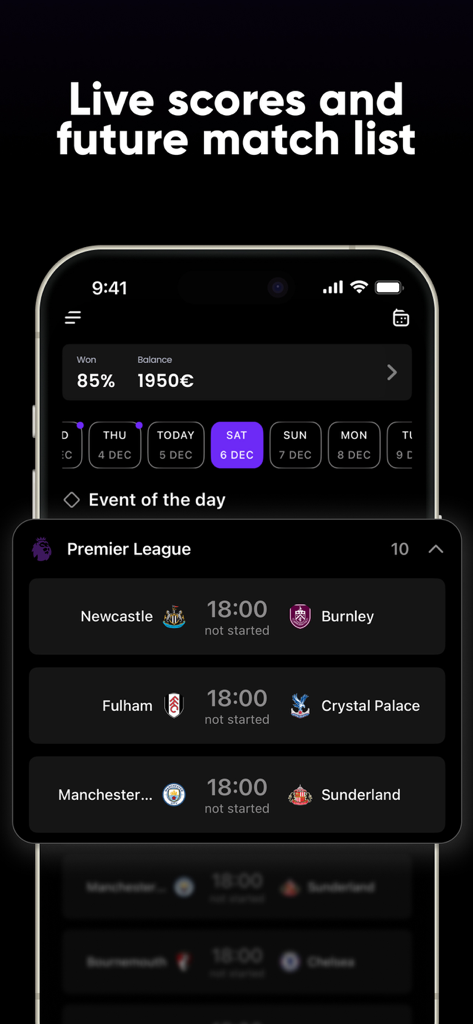Playmaker Sports Tracker Score - Playmaker app screen with soccer match schedule and live scores