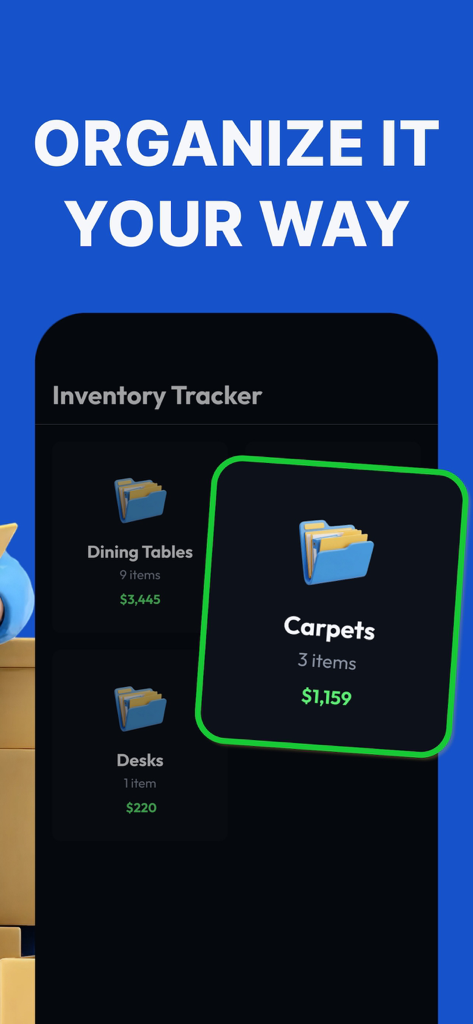 Pantalla de la aplicación móvil que muestra el inventario organizado en carpetas de alfombras, mesas de comedor y escritorios con cantidades y precios