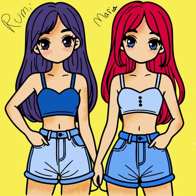 two sisters with crop tops and jean shorts and straight hair