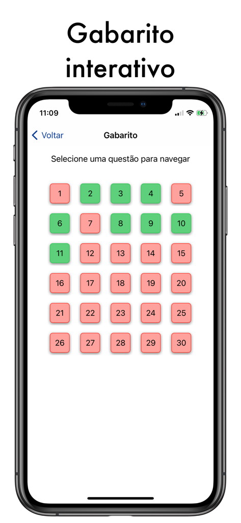Simulado Detran Simulados CNH - Interactive answer key grid showing correct and incorrect answers for the Detran simulation test.