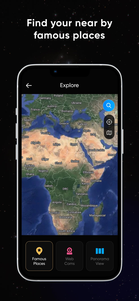 Earth Map 3D - Street View Map - Mobile screen showing a satellite map of Africa and Europe with navigation options for famous places web cams and panorama views