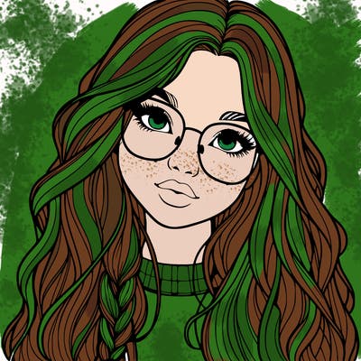 girl with long hair and freckles and glasses realistic