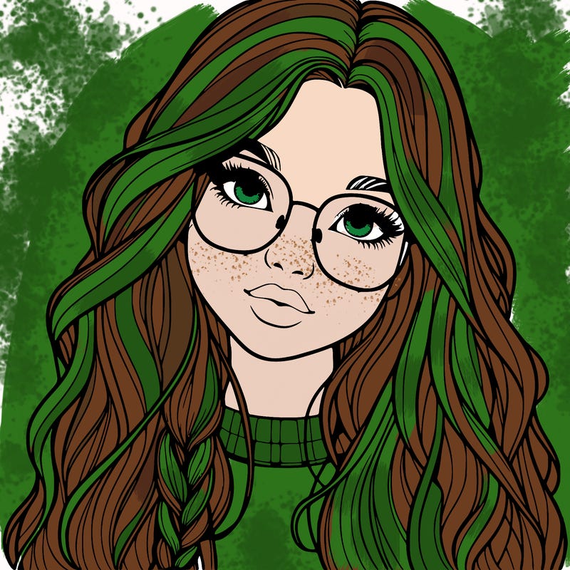 girl with long hair and freckles and glasses realistic