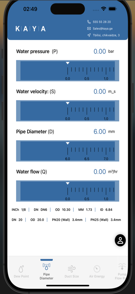 K | A | Y | A - Technical interface of the K A Y A app showing water pipe diameter and flow rate calculation tools