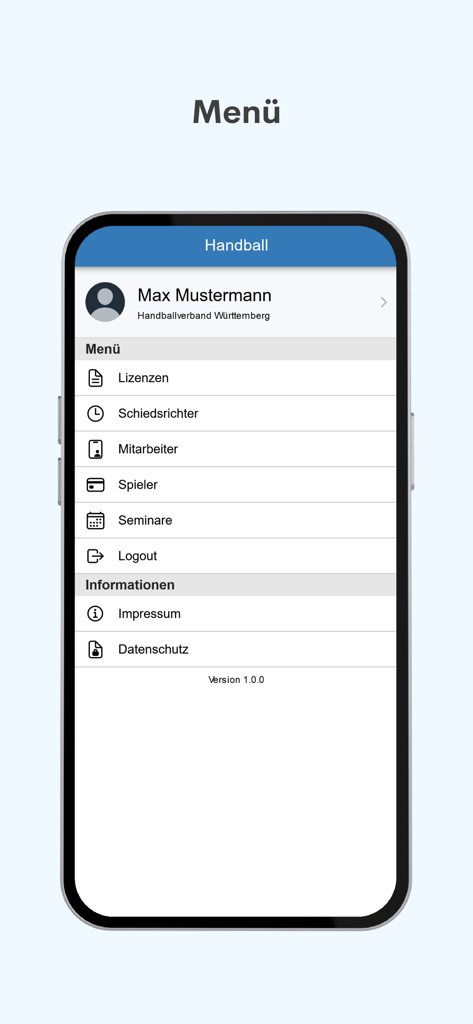 H4A App - Main menu interface of the H4A handball app with user profile and management categories