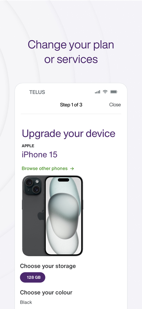 Interfaccia dell'app My TELUS che mostra la pagina di aggiornamento del dispositivo su iPhone 15