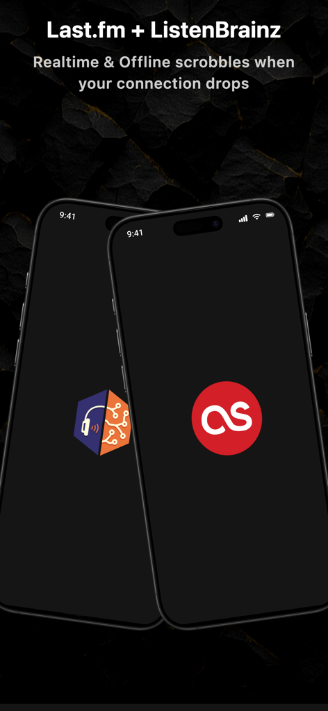 Offline MP3 Cloud Music Player - Dos iPhones que muestran la integración de Last.fm y ListenBrainz para scrobbling de música sin conexión y en tiempo real