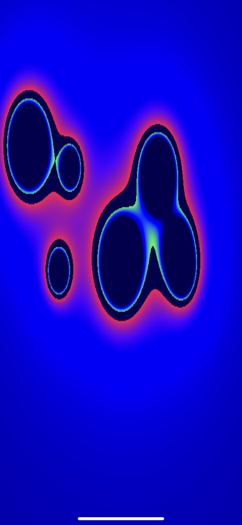 Plazma - Des taches lumineuses bleu foncé aux contours orange flottent sur un fond bleu clair dans l'application sensorielle Plazma.