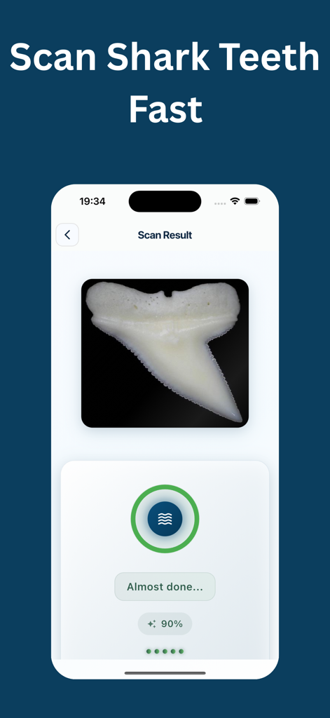 Shark Tooth Identifier: Scan - Shark tooth scanning screen showing scan progress and results
