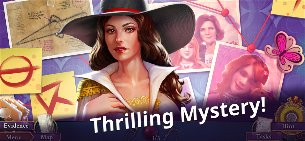 Unsolved: Hidden Mystery Games - Una detective con sombrero parada frente a una junta de investigación con pistas y texto que dice 'Emocionante Misterio'