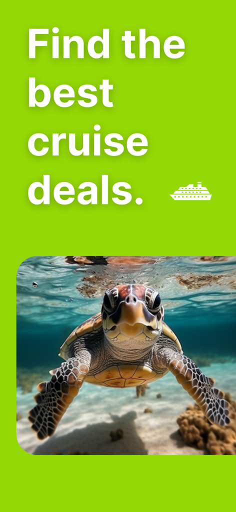 Seeschildkröte schwimmt unter Wasser mit dem Text Finden Sie die besten Kreuzfahrtangebote