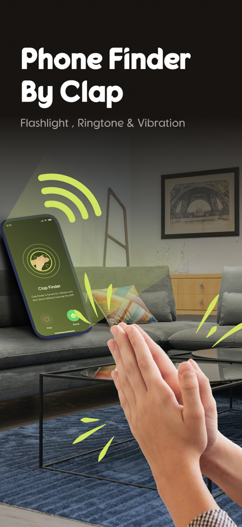 Hands clapping to find a smartphone on a coffee table using the Clap to Find My Phone app